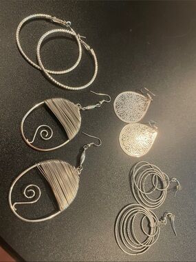 Silver Tone Mixed Hoop & Filigree Drop Earring Set - Women Jewelry B4